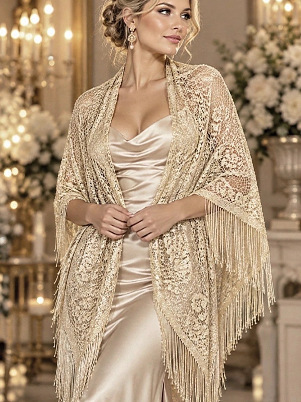 New Gold Metallic Lace Fringe Shawl Wrap Bridal Evening Made in Japan